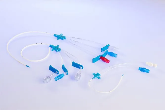 Catéteres venoso central, calibre 5 Fr y 13 0 cm de longitud, de poliuretano o silicón, radiopaco, estéril y desechable, con dos lúmenes internos calibres 18 G y 20 G, con punta flexible, con aguja calibre 20 G, .webp