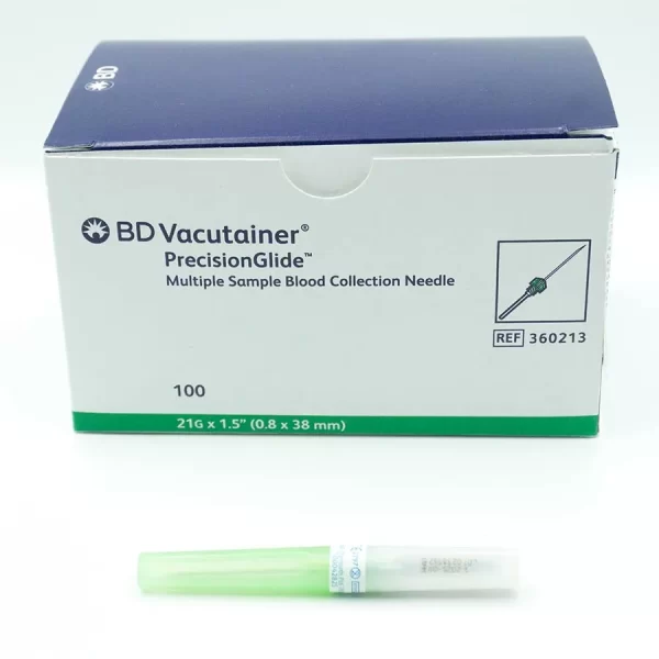 AGUJAS PARA TOMA Y RECOLECCION DE SANGRE SENCILLA Y/O MULTIPLE ESTERILES DESECHABLES. 21 G. X 38 MM. CAJA CON 100 PIEZAS.