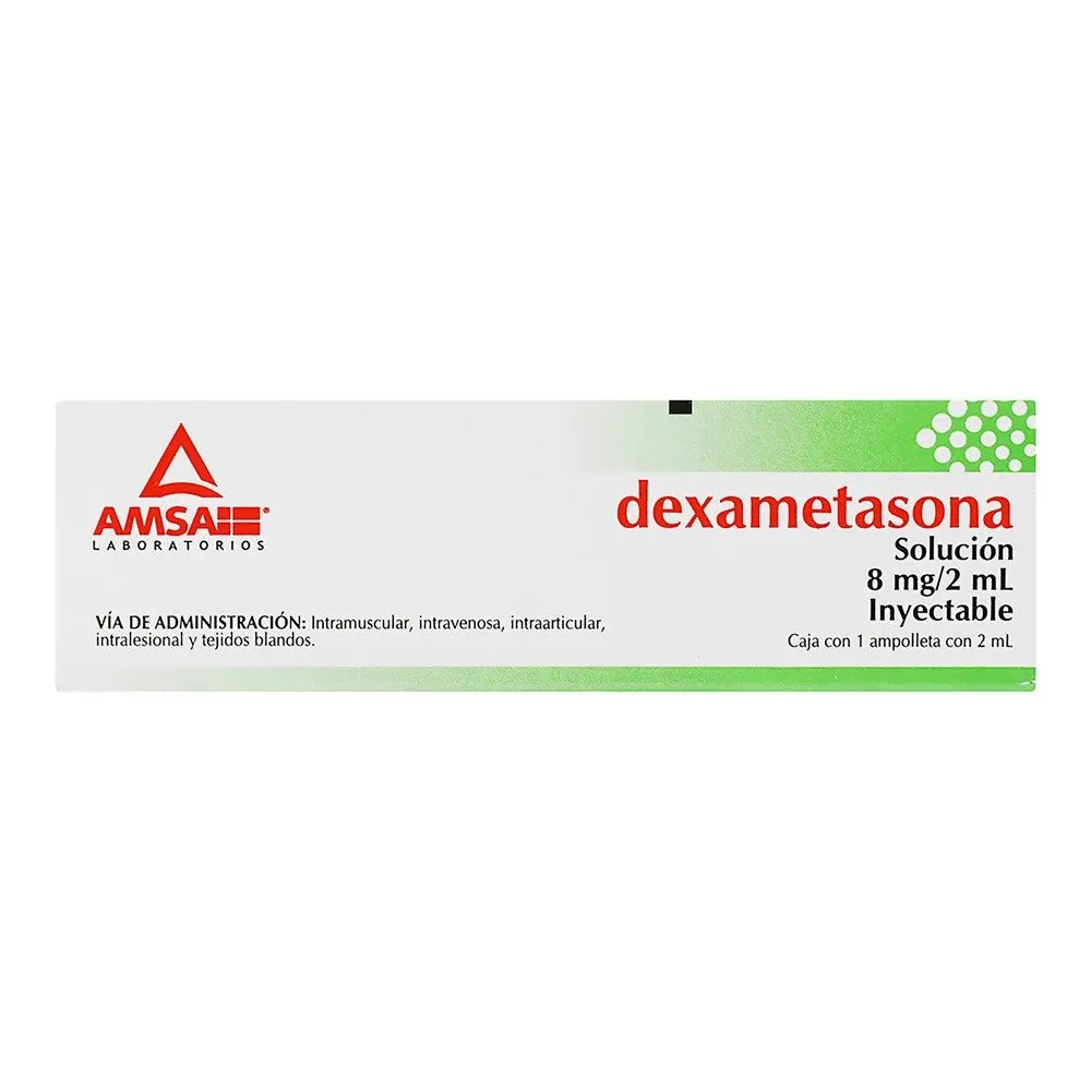 DEXAMETASONA SOLUCION INYECTABLE CADA FRASCO AMPULA O AMPOLLETA CONTIENE: FOSFATO SODICO DE DEXAMETASONA EQUIVALENTE A 8 MG DE FOSFATO DE DEXAMETASONA. ENVASE CON UN FRASCO AMPULA O AMPOLLETA CON 2 ML.