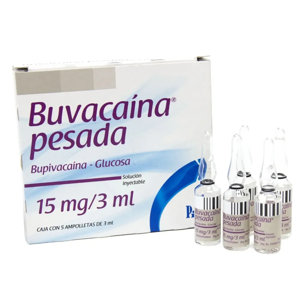BUPIVACAINA. SOLUCION INYECTABLE. CADA AMPOLLETA CONTIENE: CLORHIDRATO DE BUPIVACAINA 15 MG. DEXTROSA ANHIDRA O GLUCOSA ANHIDRA 240 MG. GLUCOSA MONOHIDRATADA EQUIVALENTE A 240 MG DE GLUCOSA ANHIDRA. ENVASE CON 5 AMPOLLETAS