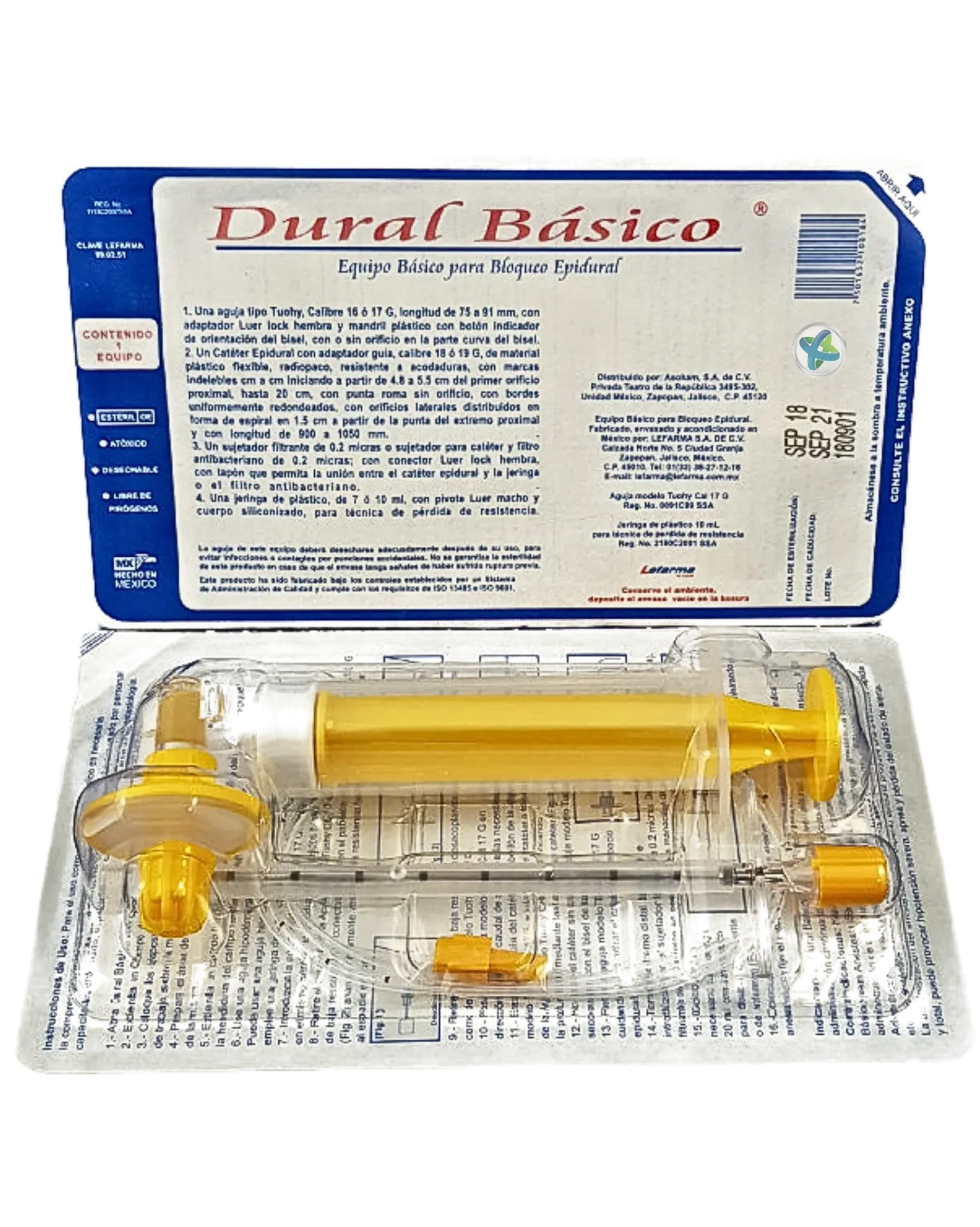 EQUIPOS. BASICO PARA BLOQUEO EPIDURAL, CONTIENE: - AGUJA TIPO TUOHY, CALIBRE 16 O 17G, LONGITUD DE 75 A 91 MM, CON ADAPTADOR LUER LOCK HEMBRA Y MANDRIL PLASTICO CON BOTON INDICADOR DE ORIENTACION DEL BISEL, CON O SIN ORIFICIO EN LA PARTE CURVA DEL BISEL
