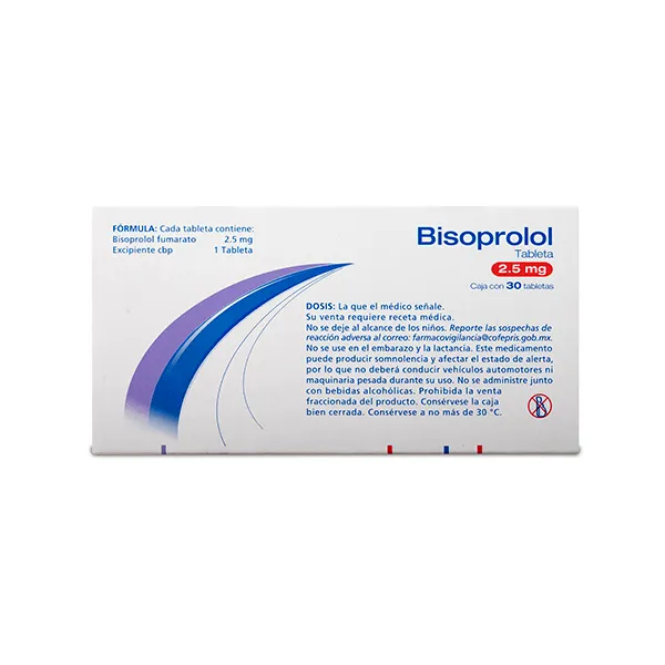 BISOPROLOL. TABLETA CADA TABLETA CONTIENE: BISOPROLOL FUMARATO 2.5 MG CAJA CON 30 TABLETAS.