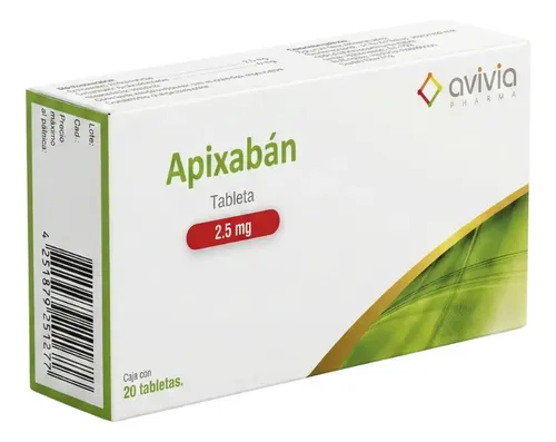 APIXABAN. TABLETA. CADA TABLETA CONTIENE: APIXABAN 2.5 MG. ENVASE CON 20 TABLETAS.