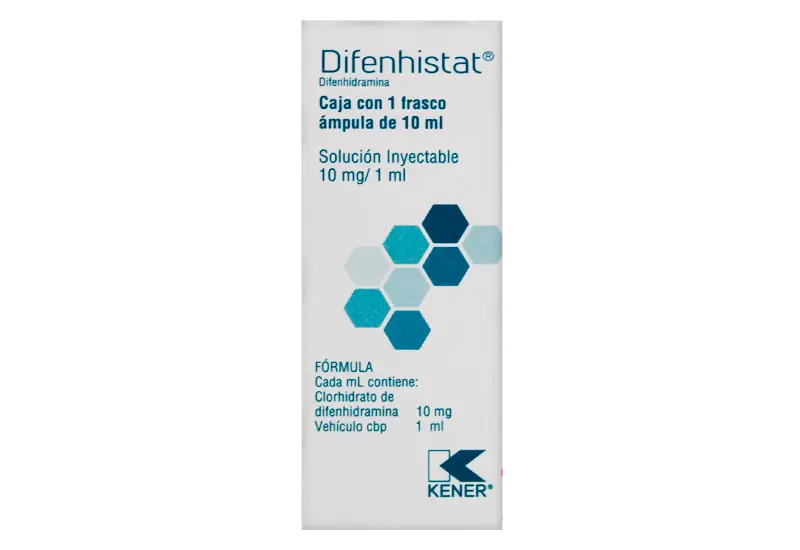 DIFENHIDRAMINA SOLUCION INYECTABLE CADA FRASCO AMPULA CONTIENE: CLORHIDRATO DE DIFENHIDRAMINA 100 MG ENVASE CON FRASCO AMPULA DE 10 ML.